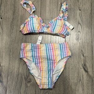 NWT J. Crew Ruffle french bikini top in rainbow seersucker Size Small
